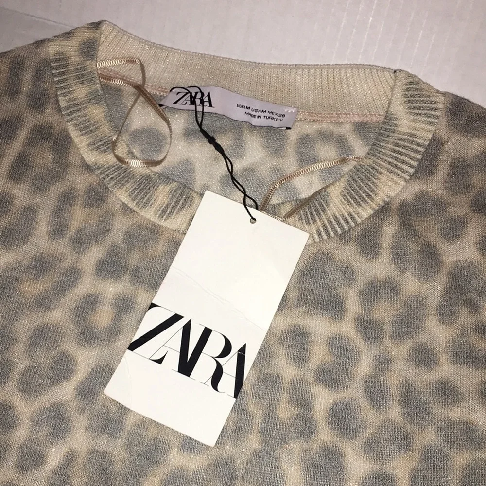 NWT Zara Leopard Print Short Sleeve Light Sweater Top | Size M - Picture 4 of 6